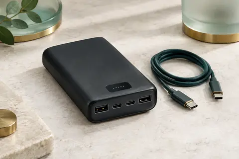 Batterie externe noire Nobis avec écran LED et quatre ports USB-A et USB-C