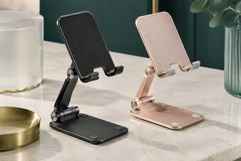 Deux supports pliables pour téléphone, noir et rose doré, posés sur une surface claire