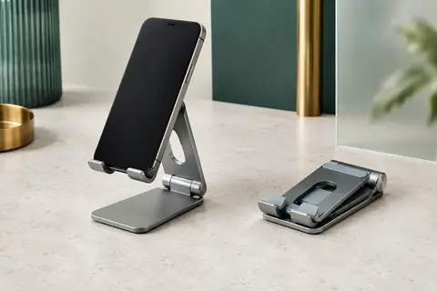 Support de téléphone pliable en aluminium gris, déployé sur une surface minérale claire