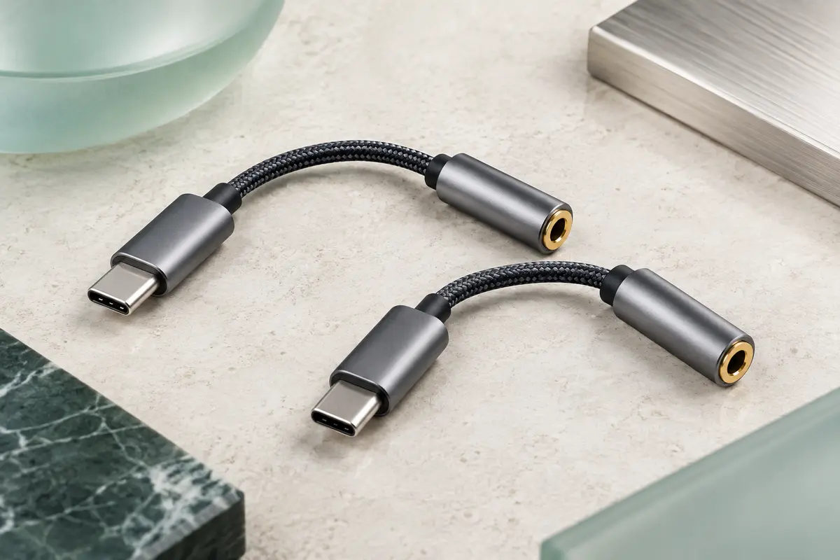 Deux adaptateurs audio USB-C gris à câble tressé, avec prises jack 3,5 mm femelles, posés sur une surface claire.