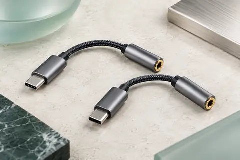 Deux adaptateurs audio USB-C gris à câble tressé, avec prises jack 3,5 mm femelles, posés sur une surface claire.