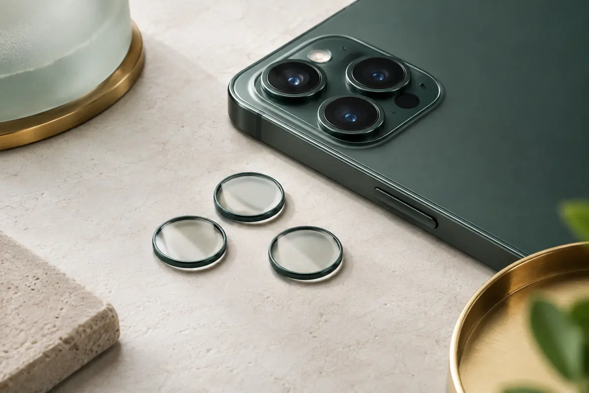 Protecteurs transparents en verre trempé pour objectifs arrière, posés sur une surface minérale claire.
