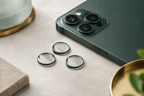 Protecteurs transparents en verre trempé pour objectifs arrière, posés sur une surface minérale claire.