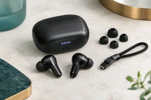 Écouteurs intra-auriculaires QXQ S26 noirs avec boîtier LED, port USB-C et cordon détachable