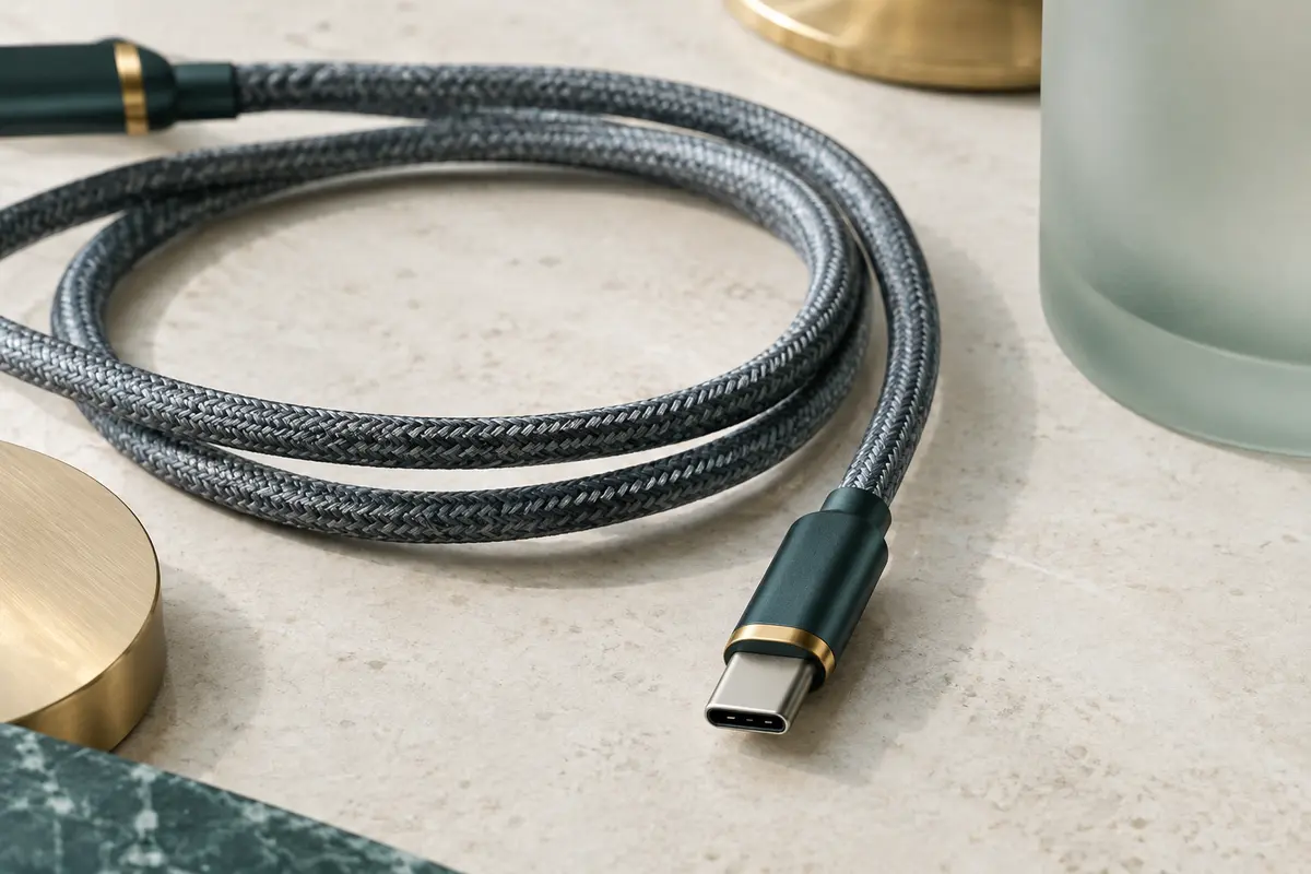 Câble Rampow USB-C tressé gris sidéral posé en boucles sur une surface minérale claire