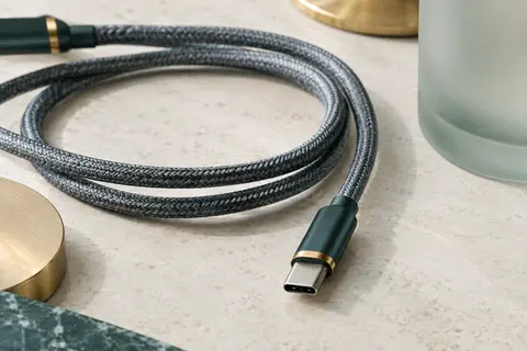 Câble Rampow USB-C tressé gris sidéral posé en boucles sur une surface minérale claire