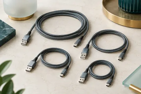Quatre câbles USB-A vers USB-C gris en nylon, présentés en boucles de longueurs différentes.