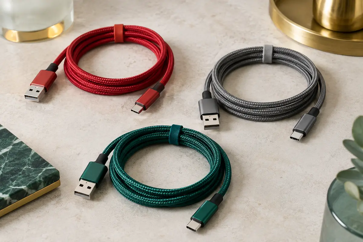 Trois câbles USB-A vers USB-C tressés rouge, gris et vert présentés sur une surface claire.