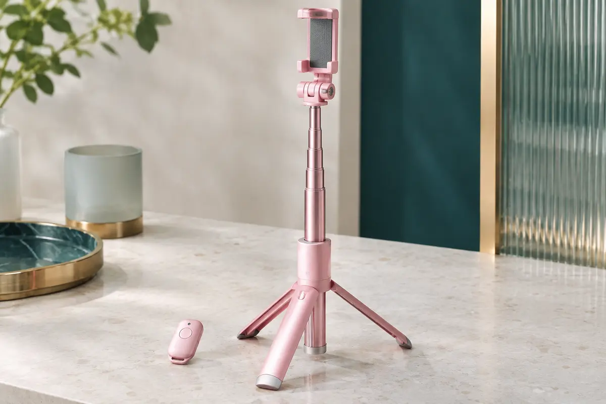Perche selfie trépied télescopique Riseofle en aluminium rose avec télécommande sans fil amovible