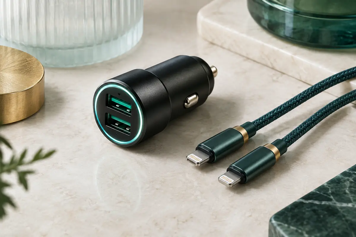 Chargeur voiture noir à deux ports USB accompagné de deux câbles Lightning tressés sur une surface claire