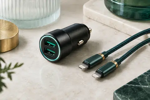 Chargeur voiture noir à deux ports USB accompagné de deux câbles Lightning tressés sur une surface claire
