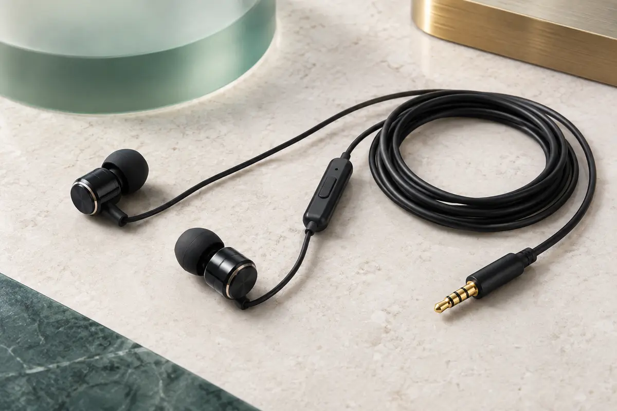 Écouteurs filaires noirs avec microphone, télécommande sur le câble et connecteur jack 3,5 mm