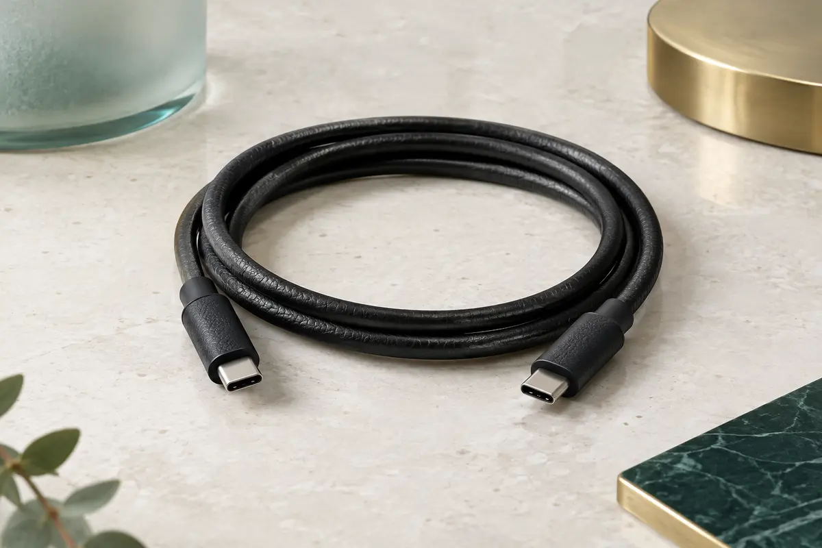 Câble Samsung USB-C vers USB-C noir de 1,8 m posé en boucle sur une surface minérale claire.