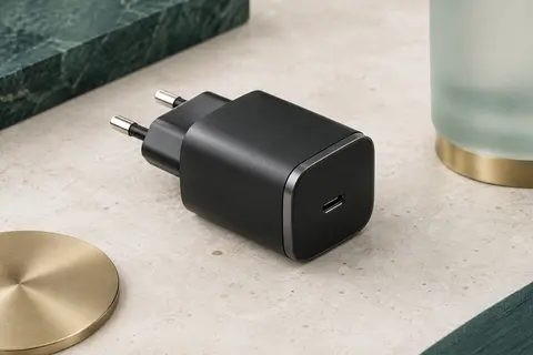 Adaptateur secteur Samsung noir de 25 W avec un port USB-C et une fiche à deux broches