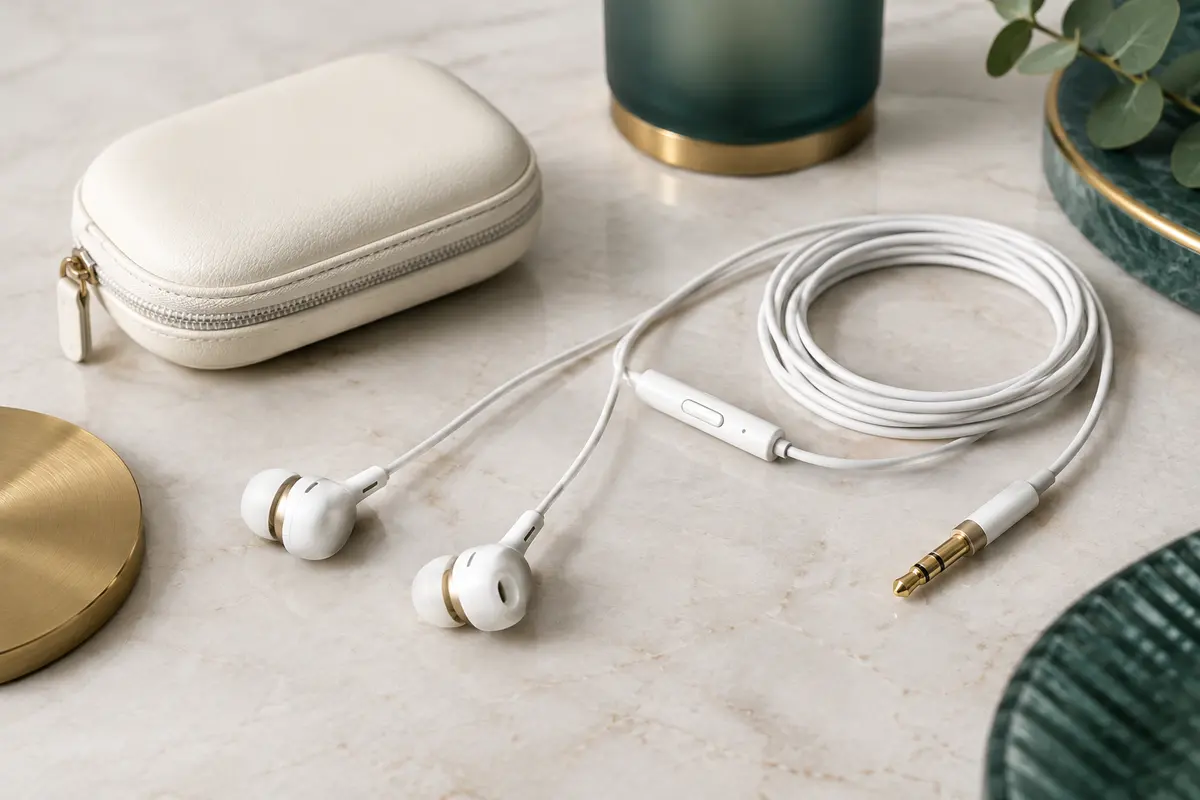 Écouteurs intra-auriculaires filaires blancs avec télécommande, prise jack 3,5 mm et étui de protection