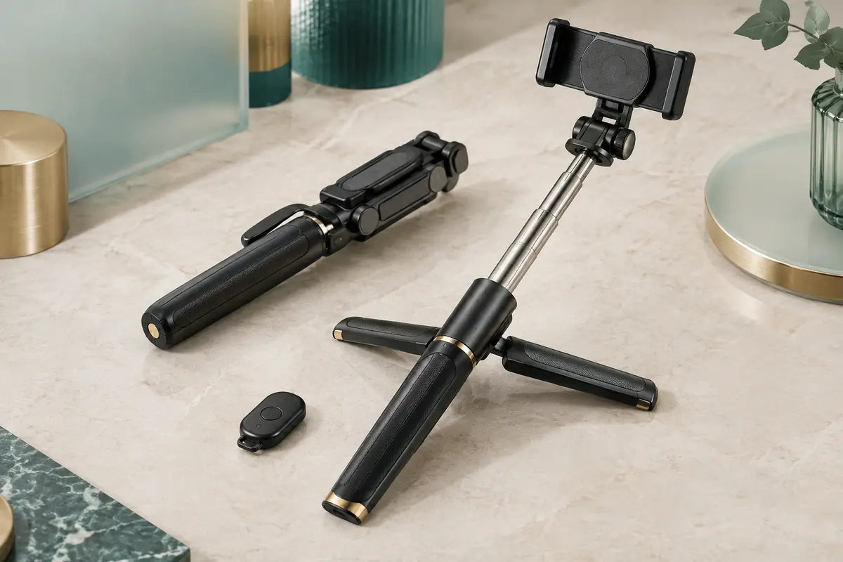 Perche selfie extensible noire avec trépied de table déplié et télécommande amovible