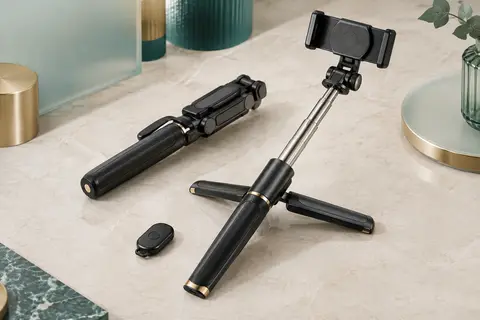 Perche selfie extensible noire avec trépied de table déplié et télécommande amovible