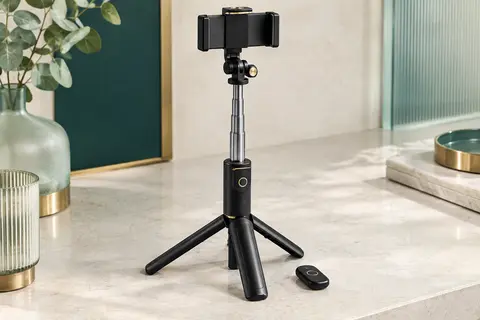Perche selfie noire télescopique avec trépied déployé, support rotatif et télécommande amovible.