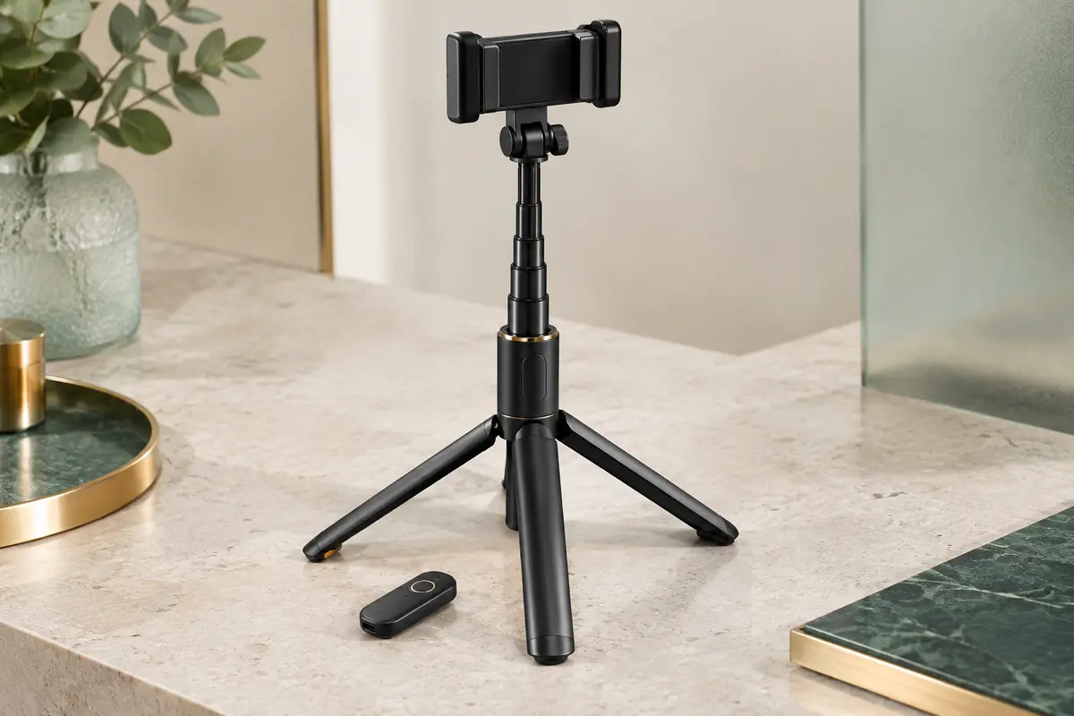 Perche selfie noire extensible en trépied, avec support pour smartphone et télécommande détachable