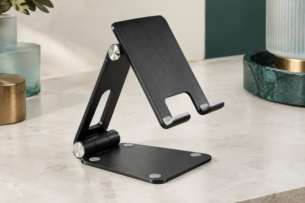 Support de bureau pliable noir en aluminium brossé, posé ouvert sur une surface minérale claire