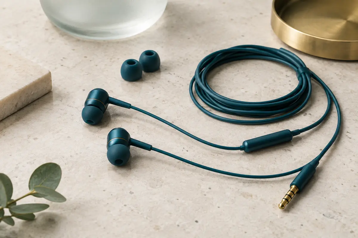Écouteurs intra-auriculaires filaires bleus avec embouts et câble, posés sur une surface minérale claire.