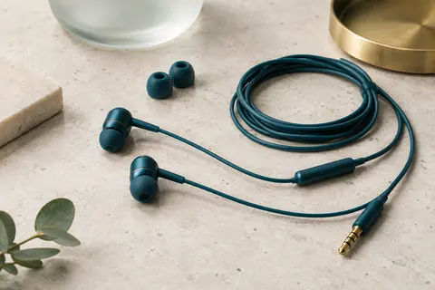 Écouteurs intra-auriculaires filaires bleus avec embouts et câble, posés sur une surface minérale claire.