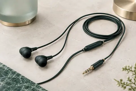 Écouteurs intra-auriculaires noirs avec embouts en silicone, télécommande filaire et prise jack 3,5 mm