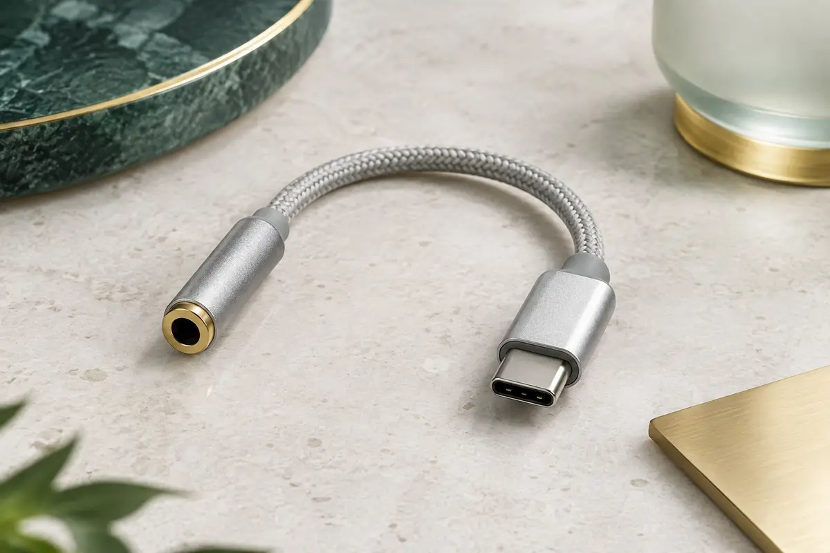 Adaptateur audio Stouchi gris clair avec connecteur USB-C, prise jack 3,5 mm et câble tressé