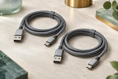 Deux câbles USB-A vers USB-C gris tressés, disposés en boucles sur une surface minérale claire.