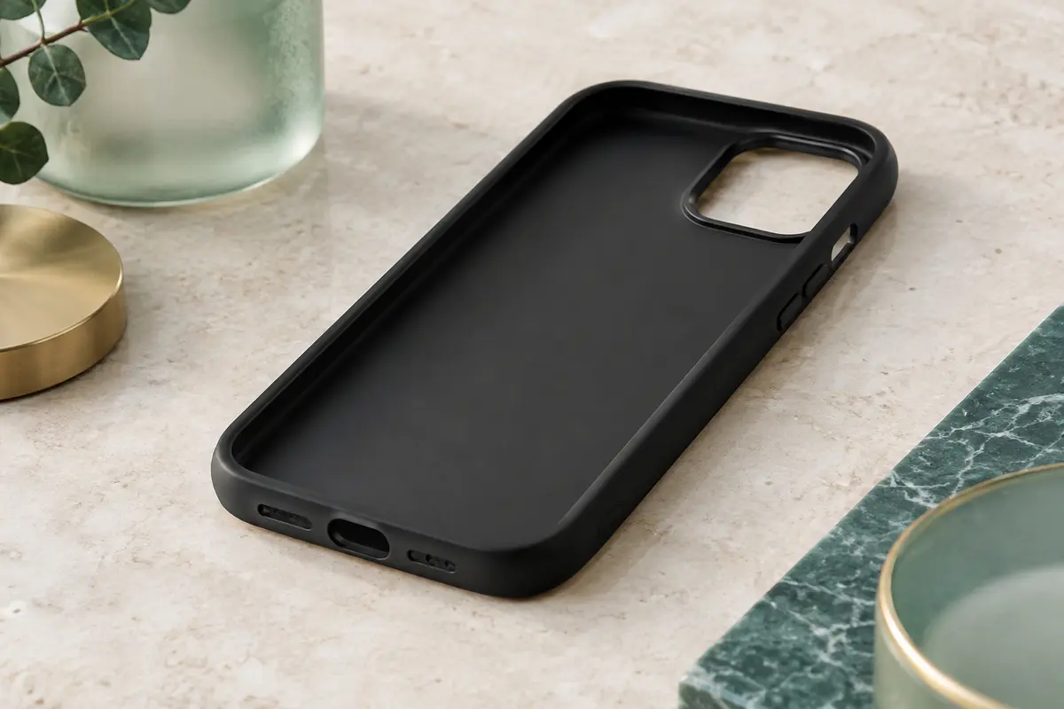 Coque souple noire mate avec rebord surélevé pour l’appareil photo, posée sur une surface minérale claire.