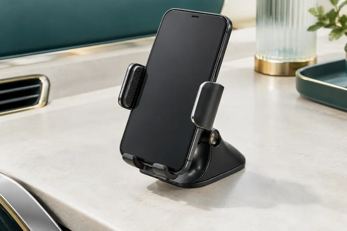 Support de téléphone voiture noir à base courbée en silicone, présenté avec un smartphone maintenu en place.