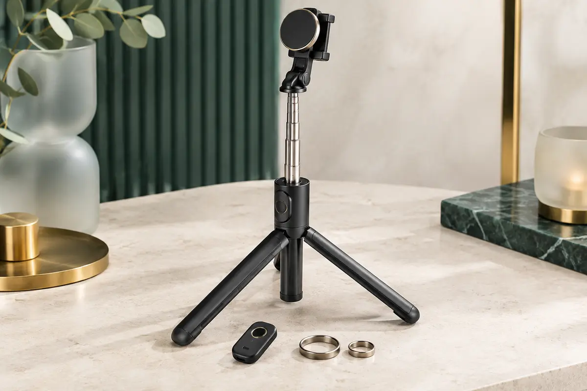 Perche selfie Toneof noire avec trépied déployé, support magnétique orientable et télécommande détachable