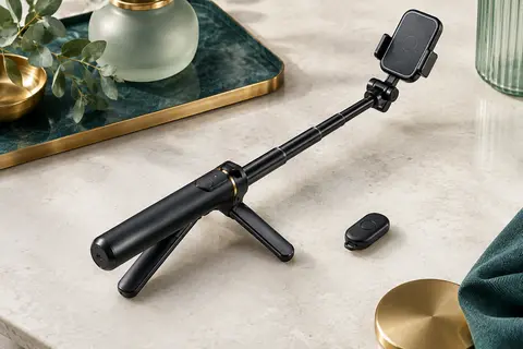 Perche selfie trépied Toneof en aluminium noir, déployée avec son support magnétique et sa télécommande.