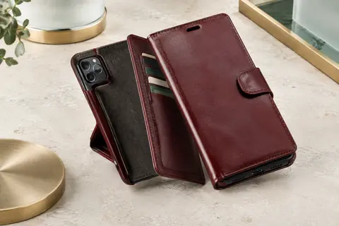 Étui folio en cuir cerise noire avec porte-cartes, béquille intégrée et rebord autour de l’appareil photo