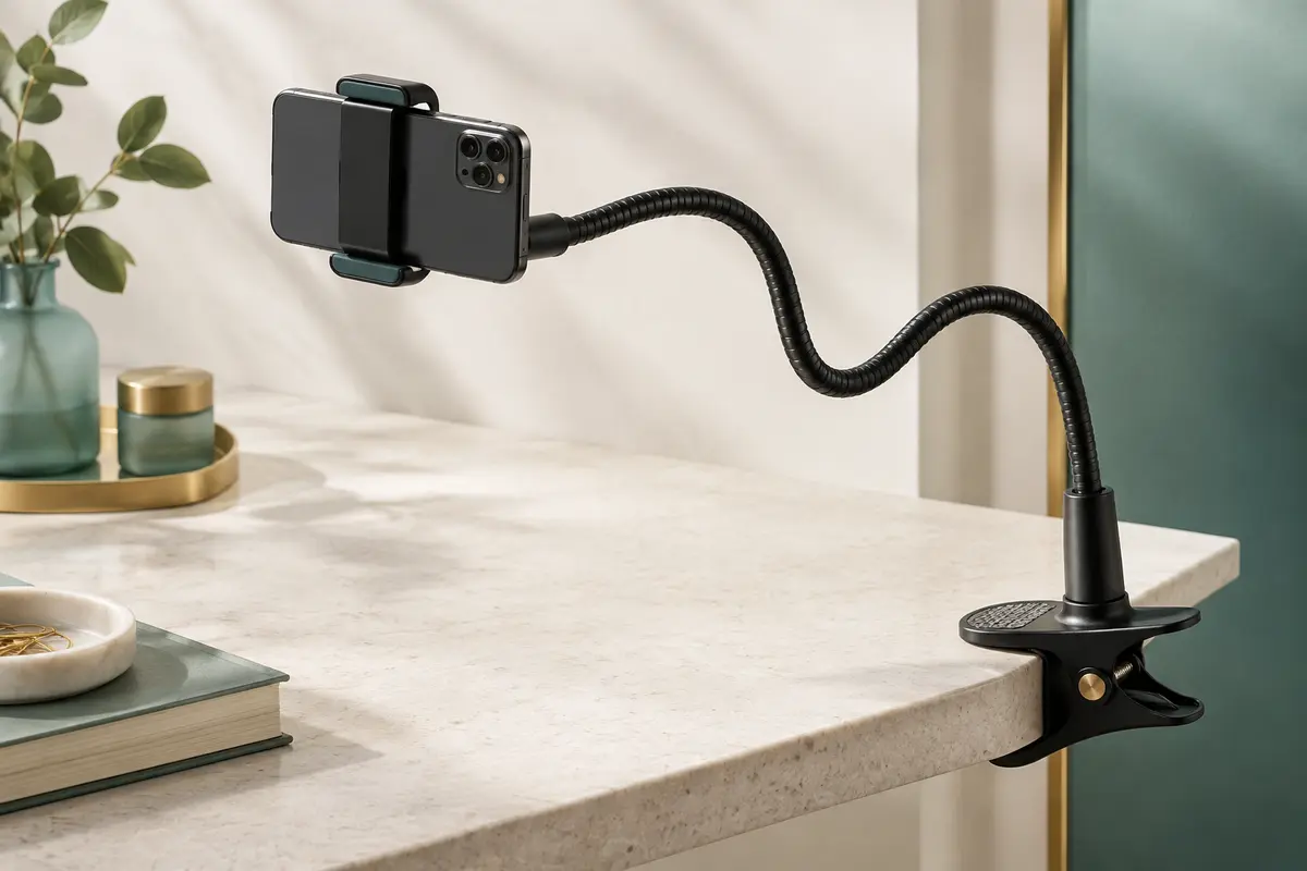 Support smartphone noir à bras flexible de 90 cm fixé sur une surface claire