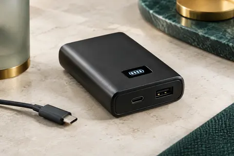 Batterie externe noire compacte avec écran LCD et connectique USB-C, posée sur une surface minérale claire.