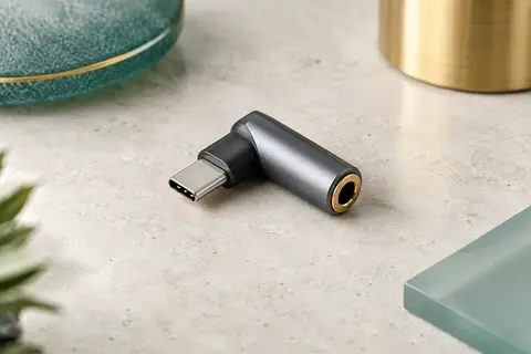 Adaptateur audio Ugreen gris, coudé à 90 degrés, avec connecteur USB-C et prise jack 3,5 mm