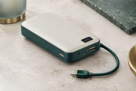 Batterie externe Ugreen avec câble USB-C tressé intégré, ports visibles et écran LED sur une surface claire