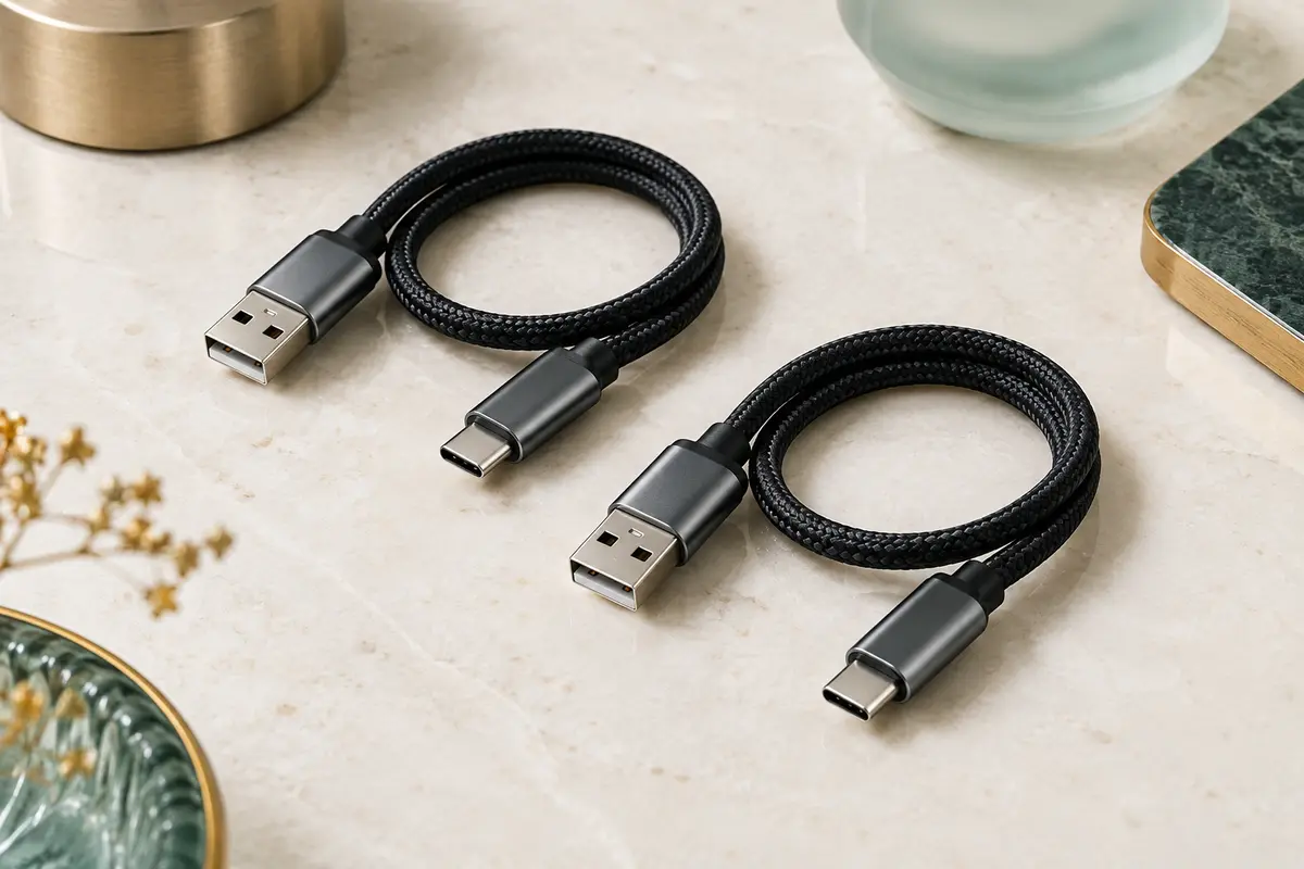 Deux câbles USB-A vers USB-C noirs en nylon tressé, posés sur une surface minérale claire.