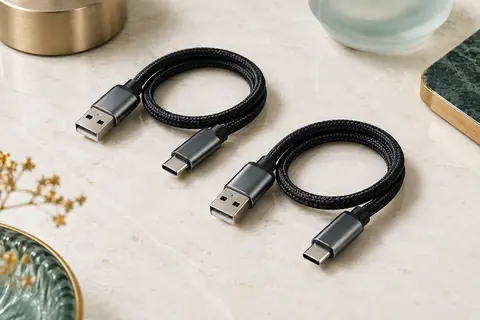 Deux câbles USB-A vers USB-C noirs en nylon tressé, posés sur une surface minérale claire.
