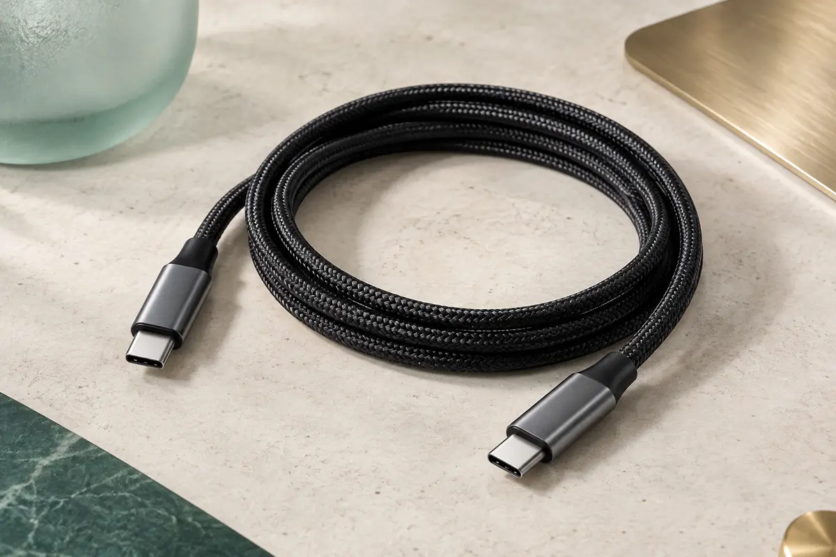 Câble USB-C vers USB-C noir en nylon tressé, avec ses deux connecteurs métalliques sur une surface claire.