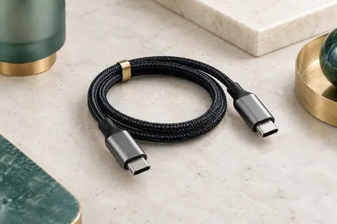 Câble USB-C noir tressé avec connecteurs en aluminium posé sur une surface minérale claire.