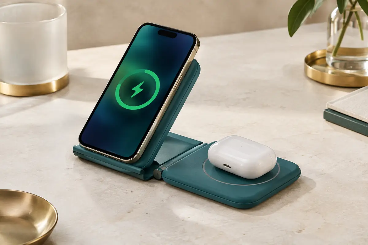 Chargeur Ugreen MagFlow pliable bleu incliné sur une surface minérale, avec un iPhone et un étui d’AirPods