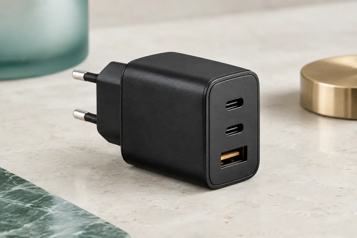 Chargeur secteur noir Ugreen à deux ports USB-C et un port USB-A sur une surface minérale claire.