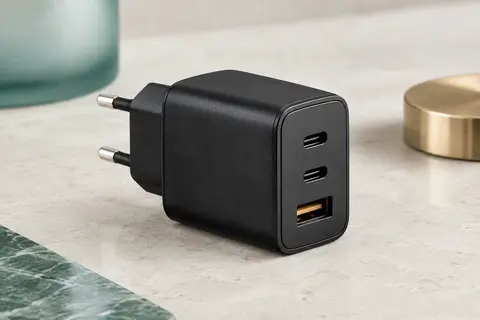 Chargeur secteur noir Ugreen à deux ports USB-C et un port USB-A sur une surface minérale claire.