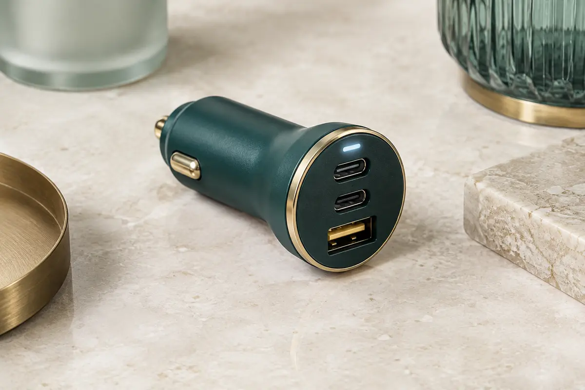 Chargeur voiture Ugreen en plastique à trois ports USB, posé sur une surface minérale claire.