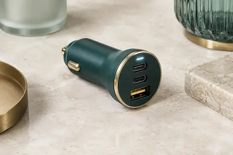 Chargeur voiture Ugreen en plastique à trois ports USB, posé sur une surface minérale claire.