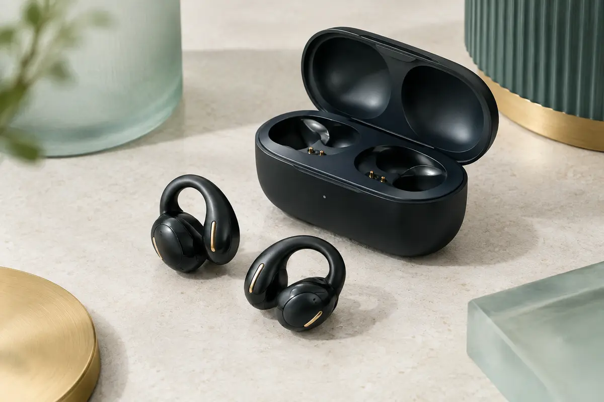 Écouteurs Ugreen HiTune S3 noirs à clip ouverts, posés près de leur boîtier de charge