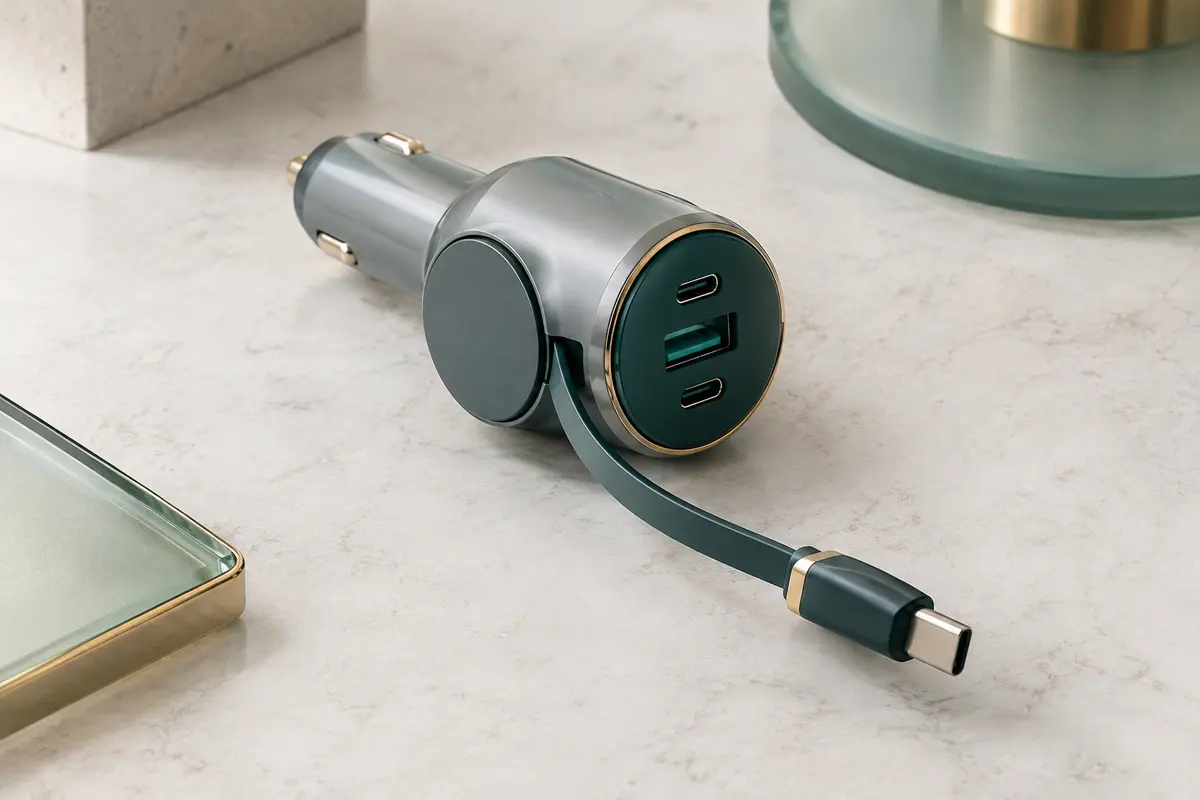 Chargeur voiture gris avec câble USB-C rétractable et trois sorties, posé sur une surface minérale claire.