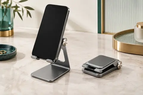 Support de téléphone Ugreen en aluminium gris, déplié sur une surface claire avec un smartphone en portrait.